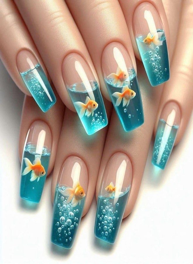 Flair Fusion New 24 Reusable Artificial Fake False Nails Set with Fish Design Glossy Nails | Lightweight & Long Lasting| Quick Fix For Festivals & Special Occasions - Image 1