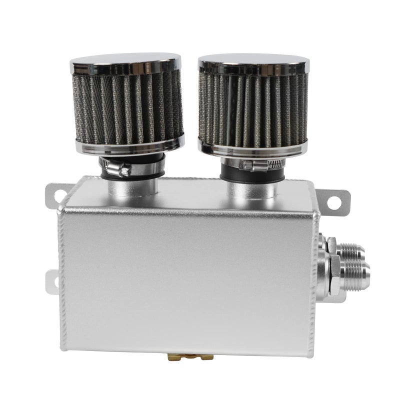 POSENG Universal Aluminum AN10 12L Twin Baffle Dual Filter Engine Oil Catch Can Tank With 2 Air Filters Oil Catch Reservoir Tank Can Breather Kit Silver
