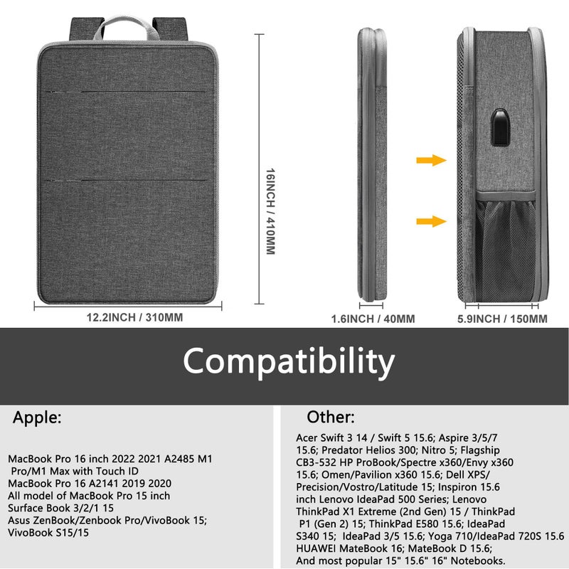 ZINZ Slim & Expandable Laptop Backpack 15 15.6 16 Inch Sleeve with USB Port, Spill-Resistant Notebooks Bag Case for Most 14-16 Inch MacBooks Surface-Books Dell HP Lenovo Asus Computers,D01G01 - Image 2