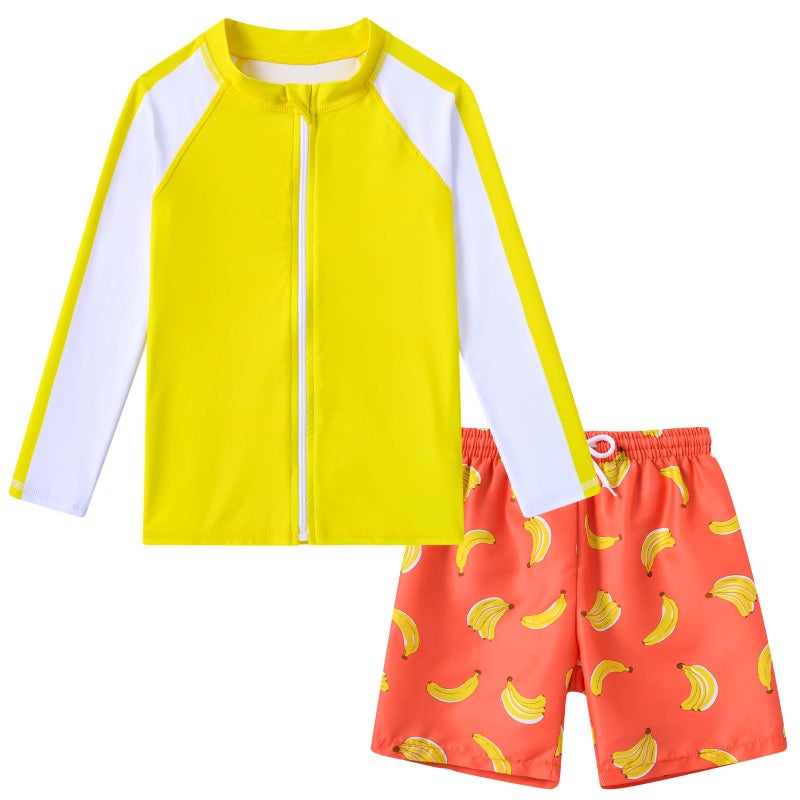 SunFocus 4t 5t Boys Swim Set Two Piece Bathing Suit Kid Rash Guard Swimwear Long Sleeve Zipper Yellow Banana Swimsuit Orange Swim Trunks with Shirt - Image 1