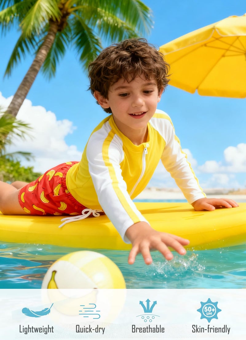 SunFocus 4t 5t Boys Swim Set Two Piece Bathing Suit Kid Rash Guard Swimwear Long Sleeve Zipper Yellow Banana Swimsuit Orange Swim Trunks with Shirt - Image 2
