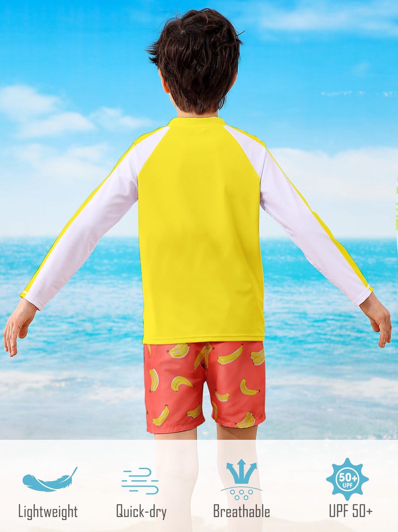 SunFocus 4t 5t Boys Swim Set Two Piece Bathing Suit Kid Rash Guard Swimwear Long Sleeve Zipper Yellow Banana Swimsuit Orange Swim Trunks with Shirt - Image 4