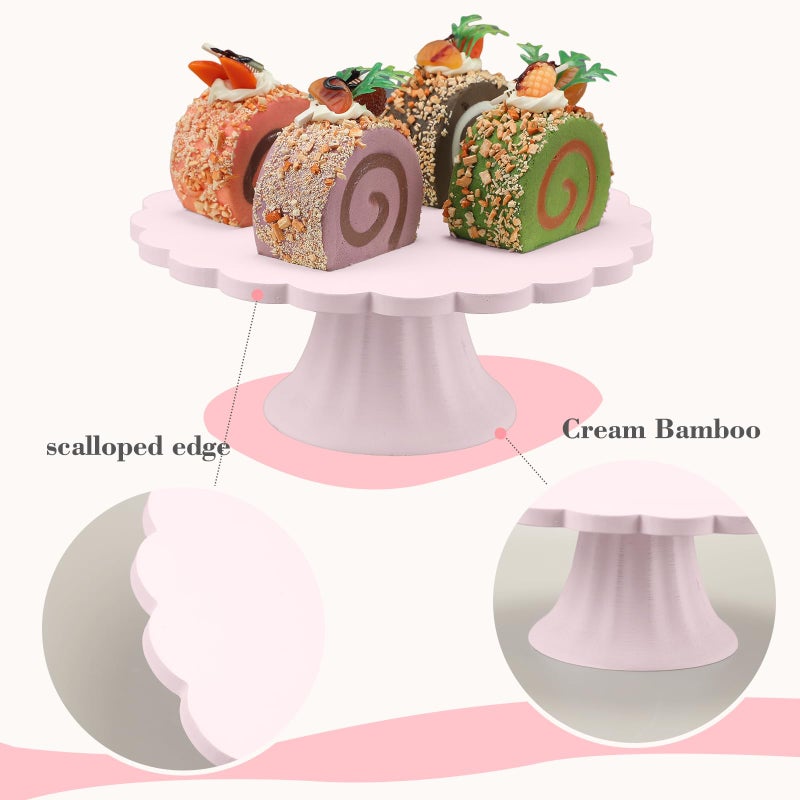 Vesici 1 Pcs Small Pink Wooden Cake Stand Scalloped Reusable Round Cake Stand Mini Dessert Holder for Cupcake Donut Dessert Wedding Baby Shower Birthday Table Display Tea Party, 7.75"L x 7.75"w x 3"h - Image 3