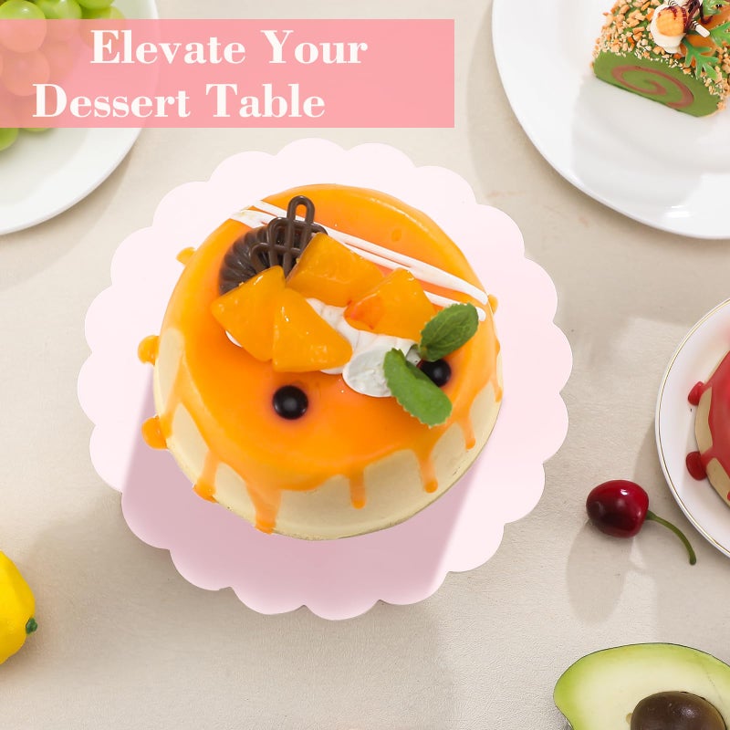 Vesici 1 Pcs Small Pink Wooden Cake Stand Scalloped Reusable Round Cake Stand Mini Dessert Holder for Cupcake Donut Dessert Wedding Baby Shower Birthday Table Display Tea Party, 7.75"L x 7.75"w x 3"h - Image 5