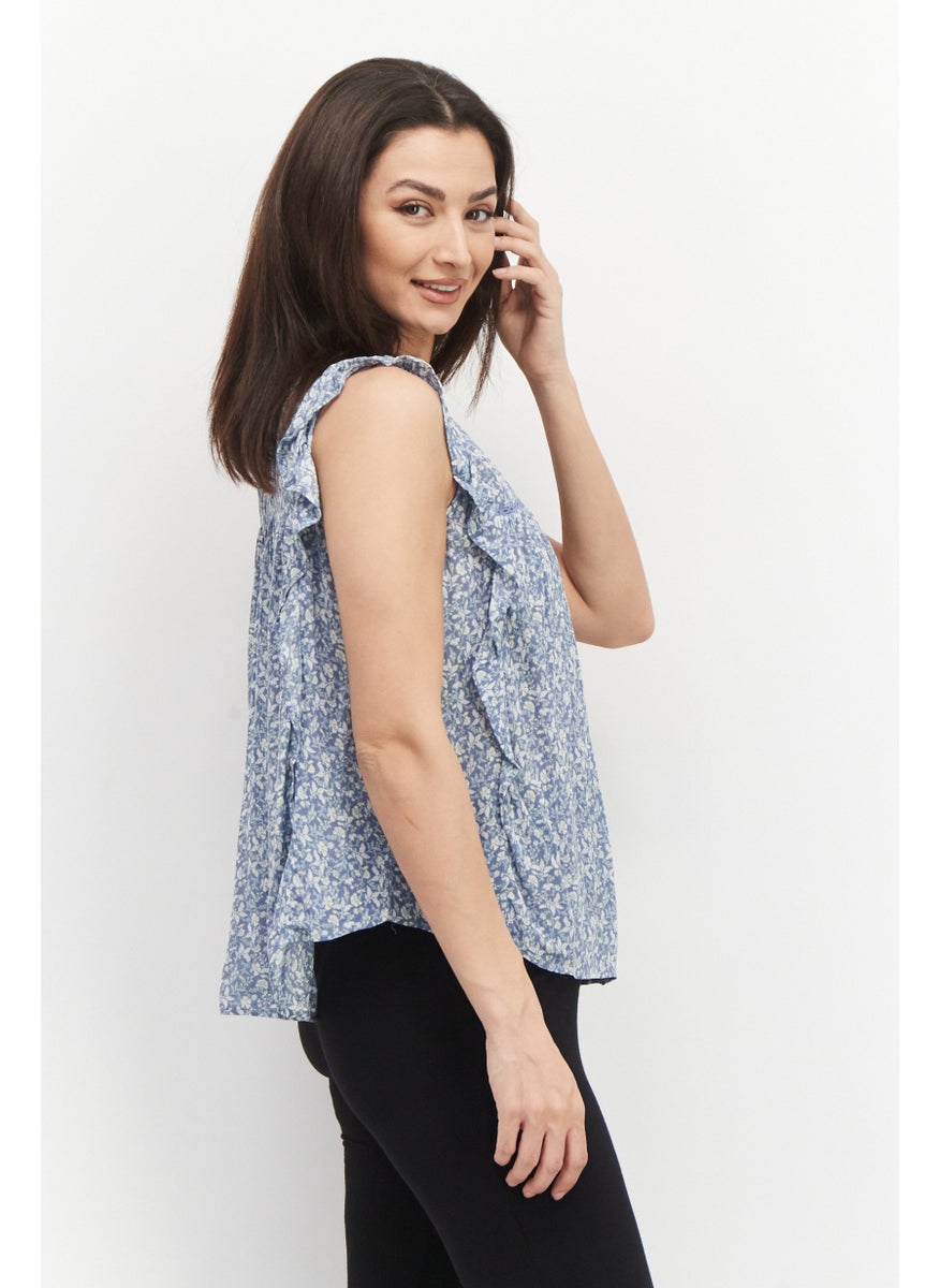 Gentle Fawn - Women Jewel Neck Flutter Sleeves Floral Printed Blouse, Blue Disty - Image 1
