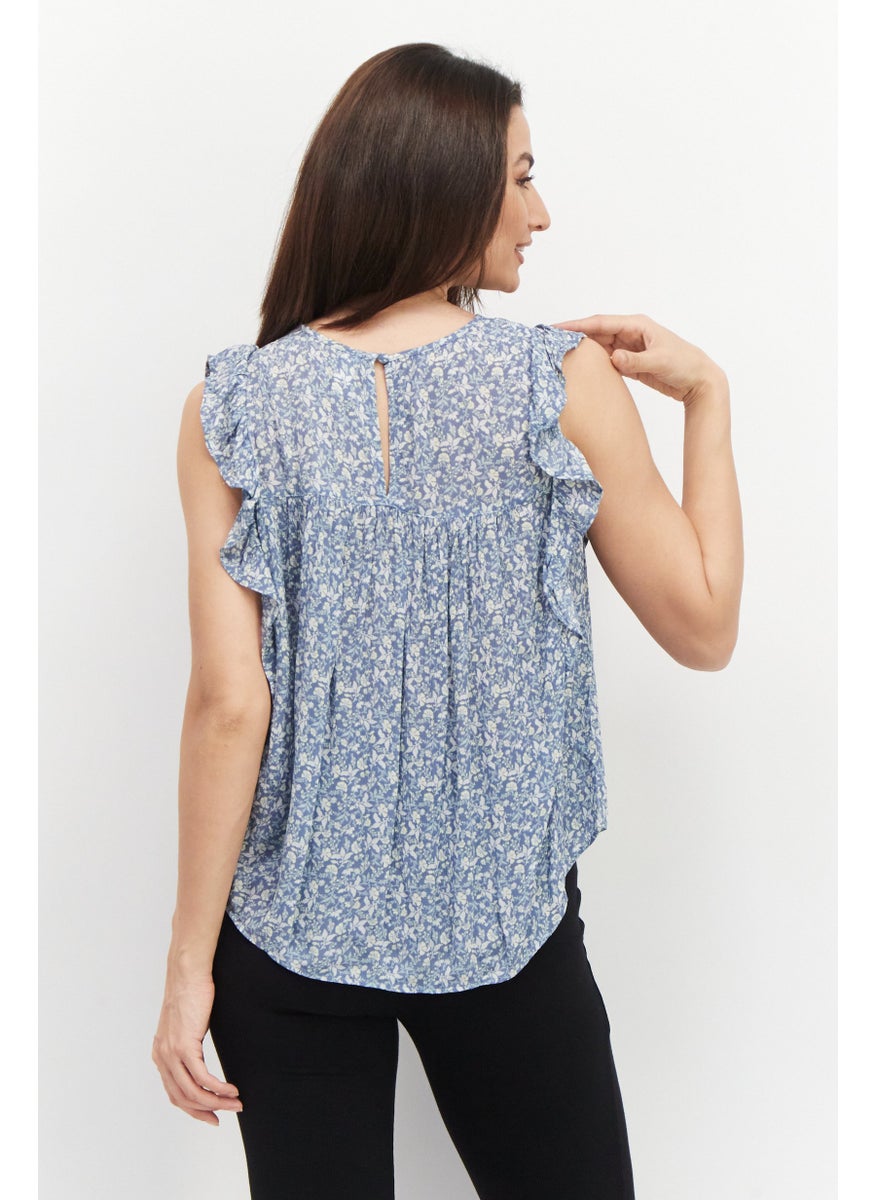 Gentle Fawn - Women Jewel Neck Flutter Sleeves Floral Printed Blouse, Blue Disty - Image 1