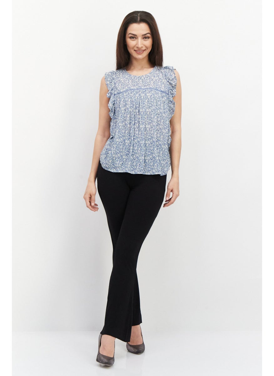 Gentle Fawn - Women Jewel Neck Flutter Sleeves Floral Printed Blouse, Blue Disty - Image 1