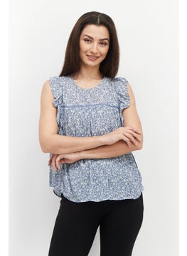 Women Jewel Neck Flutter Sleeves Floral Printed Blouse, Blue Disty