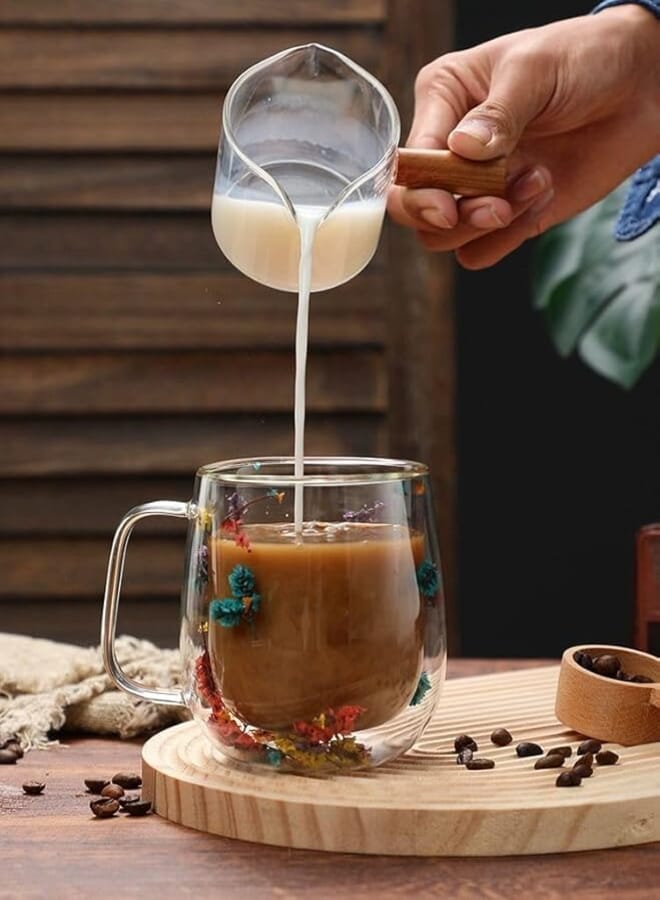 Double Wall Clear Glass Coffee Mugs with Dried Flowers (Various Flower Shapes), Insulated Glass Cup with Square Handle for Hot and Cold Drinks - 300ml