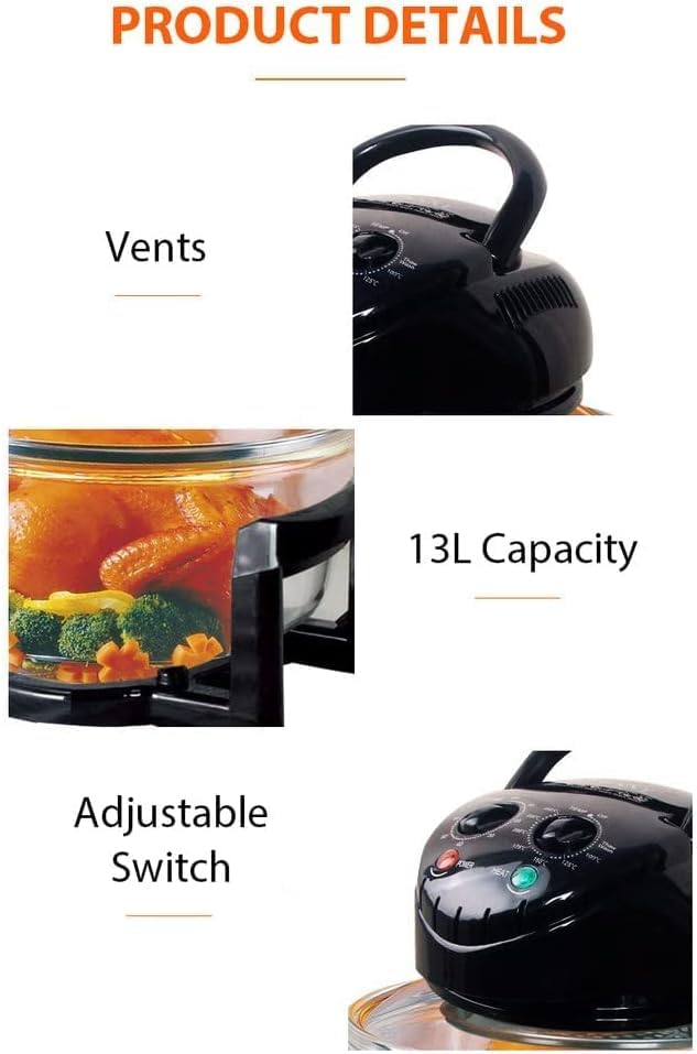 Jolfay Jolfay 1400W Halogen Convection Oven with Extension Ring 13L Healthy Kitchen Low Fat Portable Convection oven with handle 1400W Timer 60 240V White Combination oven grill and thermostat 0250C  - Image 3
