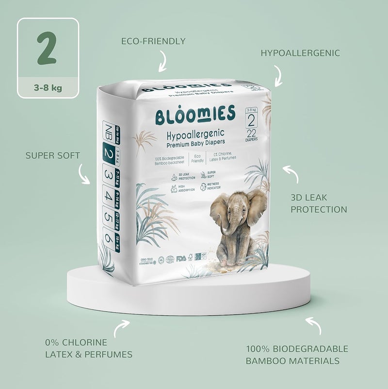Bloomies Premium Baby Diapers Size 2,3,4, Counts 22,40,66,120, Wetness Indicator Eco-friendly and Hypoallergenic Ultra-soft Nappy Diaper Skin Friendly, Leakage Protection,100% Organic Natural Bamboo - Image 4