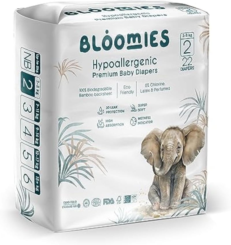 Bloomies Premium Baby Diapers Size 2,3,4, Counts 22,40,66,120, Wetness Indicator Eco-friendly and Hypoallergenic Ultra-soft Nappy Diaper Skin Friendly, Leakage Protection,100% Organic Natural Bamboo - Image 1
