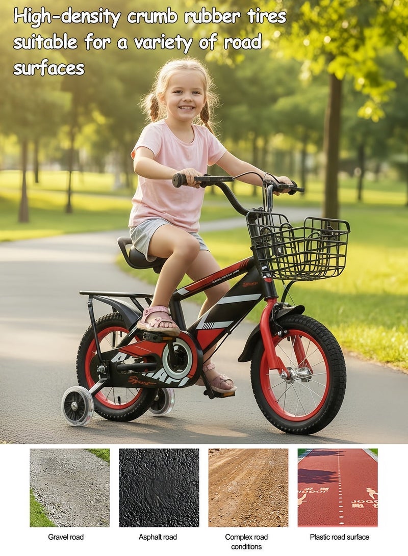 ما بيبي دراجة أطفال مقاس 12-18 بوصة، مزودة بعجلات تدريب مضيئة وسلة، ومقعد خلفي، ومقعد قابل للتعديل، مناسبة للأطفال من عمر سنتين إلى 12 سنة، بنين وبنات. - Image 5