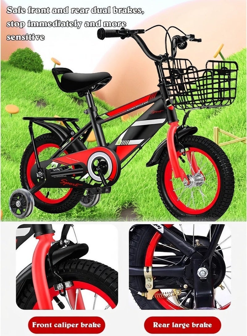 ما بيبي دراجة أطفال مقاس 12-18 بوصة، مزودة بعجلات تدريب مضيئة وسلة، ومقعد خلفي، ومقعد قابل للتعديل، مناسبة للأطفال من عمر سنتين إلى 12 سنة، بنين وبنات. - Image 4