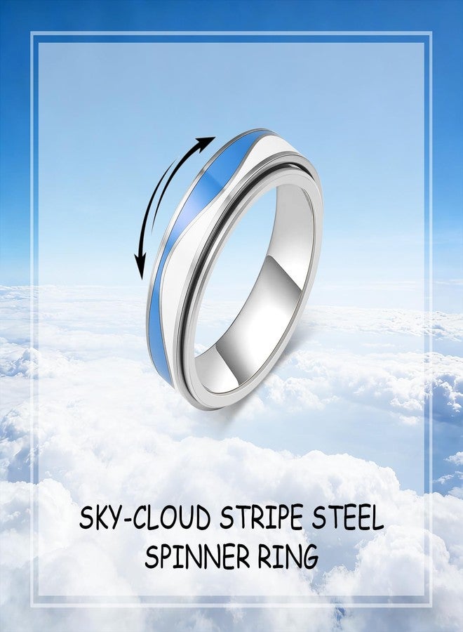 OreilleStar Fidget Anxiety Relief Ring for Women: Blue and White Stripes Outer Band Fidget Toys Adults Stainless Steel Spinner Thumb Rings for Men Silver Gold Plated Size 5-10 (Stripes-Silver, 10) - Image 3