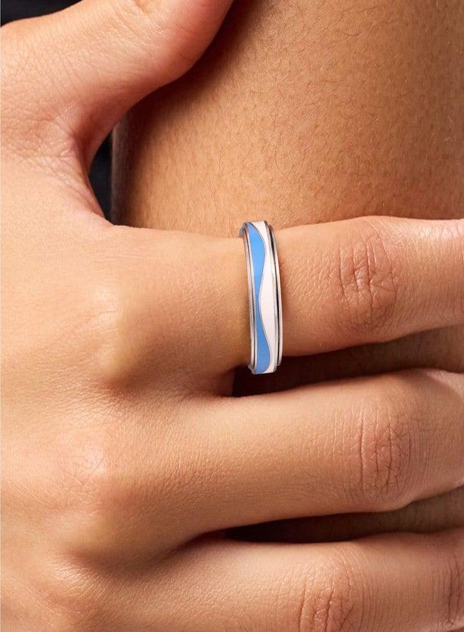 OreilleStar Fidget Anxiety Relief Ring for Women: Blue and White Stripes Outer Band Fidget Toys Adults Stainless Steel Spinner Thumb Rings for Men Silver Gold Plated Size 5-10 (Stripes-Silver, 10) - Image 4