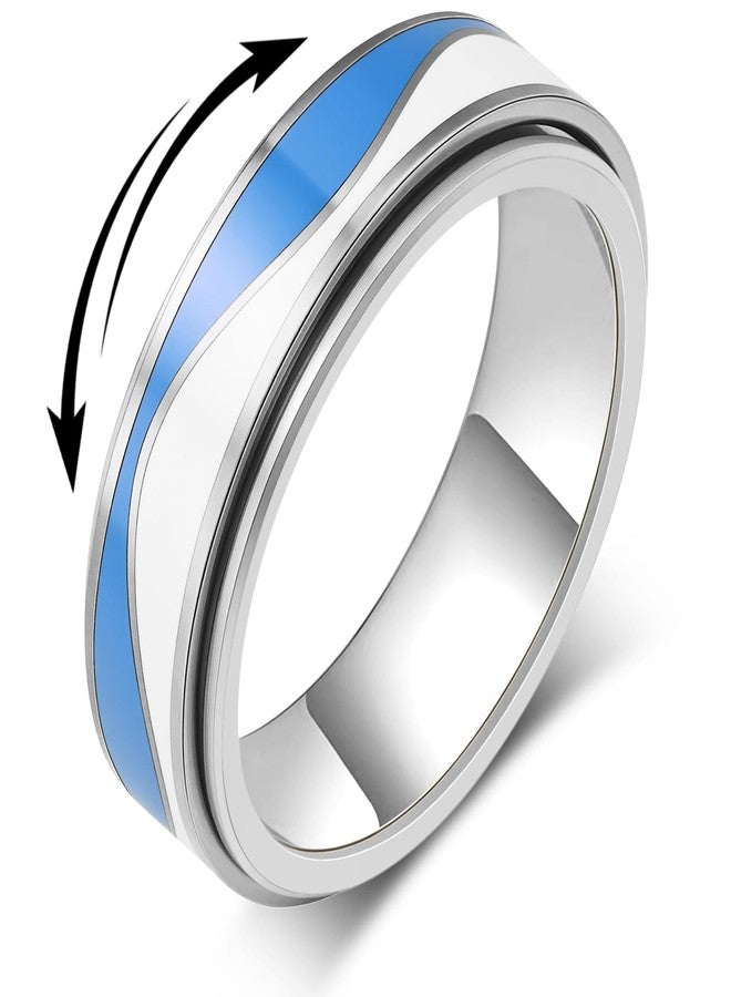 OreilleStar Fidget Anxiety Relief Ring for Women: Blue and White Stripes Outer Band Fidget Toys Adults Stainless Steel Spinner Thumb Rings for Men Silver Gold Plated Size 5-10 (Stripes-Silver, 10) - Image 1