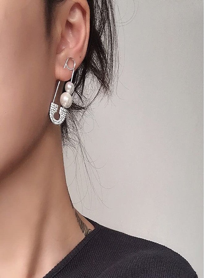 Izpack Punk Safety Pin Huggie Hoop Earrings for Women Cubic Zirconia Crystal Faux Pearls Paperclip Dangle Drop Earring Cartilage Hoops Exaggerated Jewelry Gifts - Image 3
