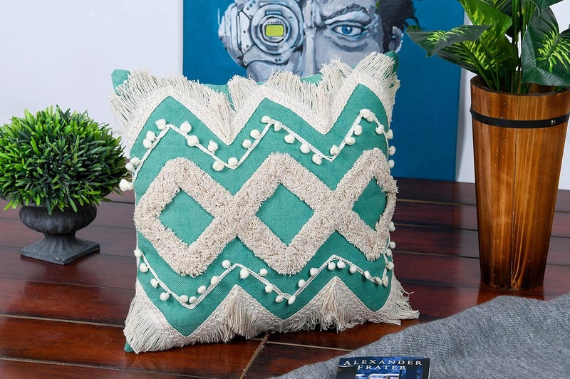 IMPEXART PVT LTD 18 X 18 Inches Cotton Boho Shaggy Square Super Soft Geometric Cushion Cover for Decor Couch Sofa Bedroom Living Room Farmhouse Indoor Outdoor - Image 1