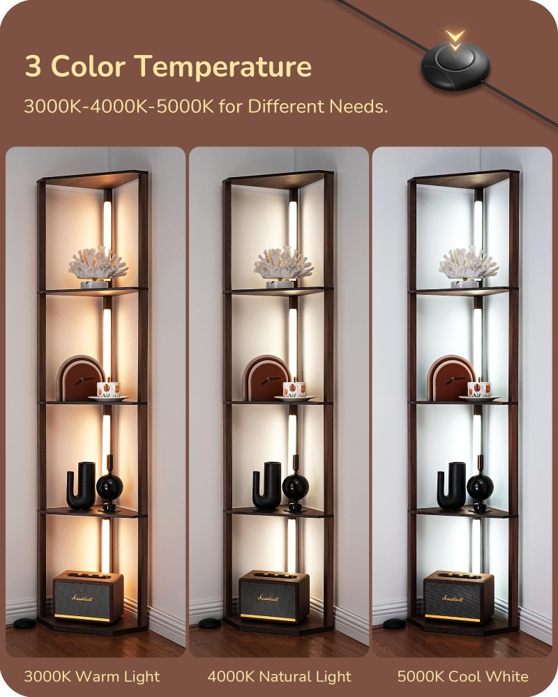EDISHINE Dimmable LED Floor Lamp with Shelves, Corner Floor Lamps for Living Room, Corner Shelf with LED Light, 3CCT, Modern Standing Lamp, Floor Lamp for Bedroom, Office, Walnut - Image 2