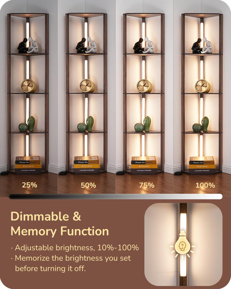 EDISHINE Dimmable LED Floor Lamp with Shelves, Corner Floor Lamps for Living Room, Corner Shelf with LED Light, 3CCT, Modern Standing Lamp, Floor Lamp for Bedroom, Office, Walnut - Image 3