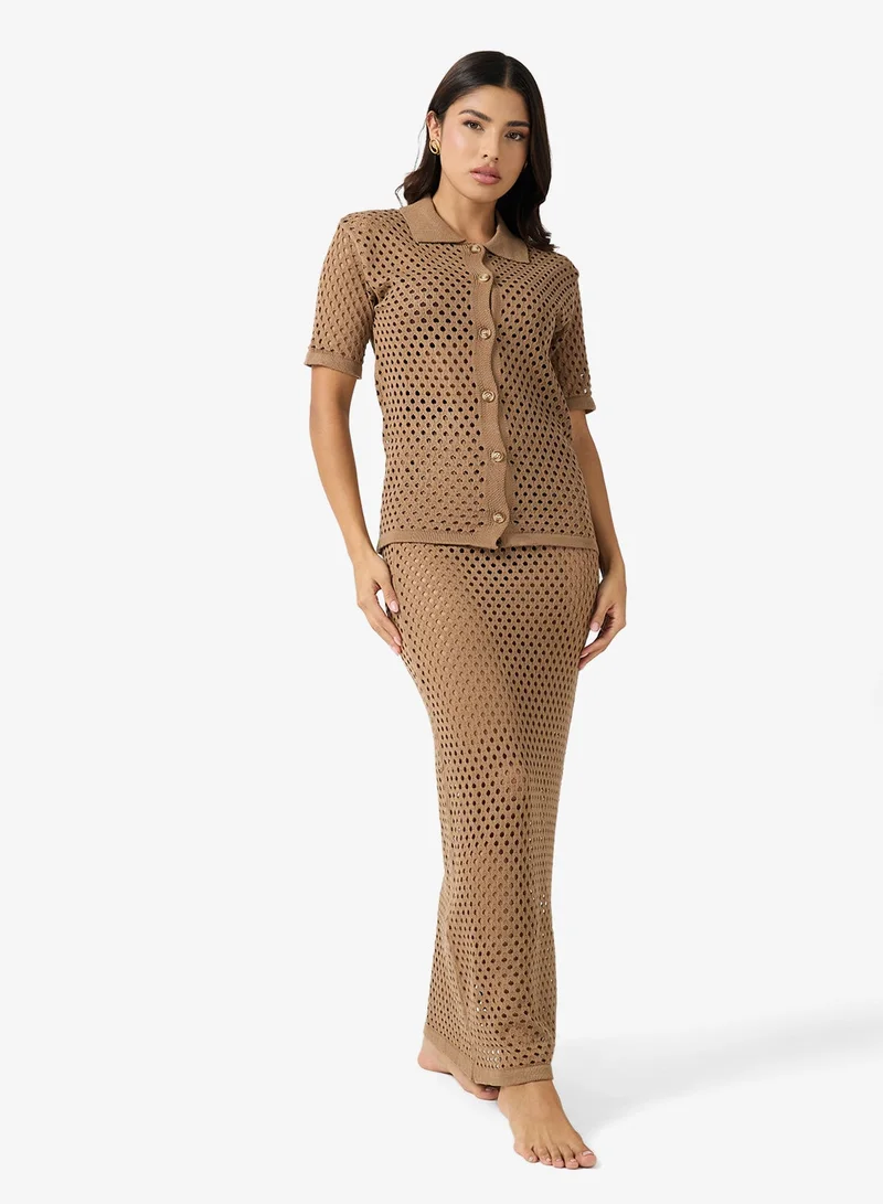 جينجر طقم قميص بأزرار وتنورة ماكسي كروشيه