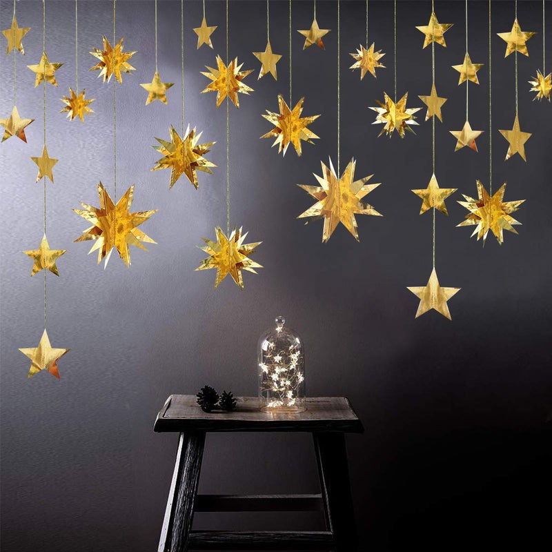 pinkblume Gold Party Decorations Star Garlands Streamer Gold 3D Stars Metallic Paper Hanging Bunting Banner for Birthday Wedding Baby Bridal Shower Holiday Christmas Ramadan EID Mubarak Party Supplies - Image 3