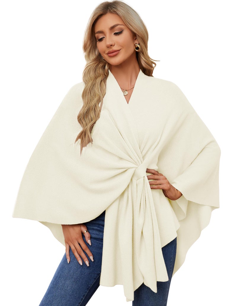 PULI Women's Elegant Shawl Wraps Soft Open Front Poncho Sweater for Spring Fall Winter ivory white - Image 1