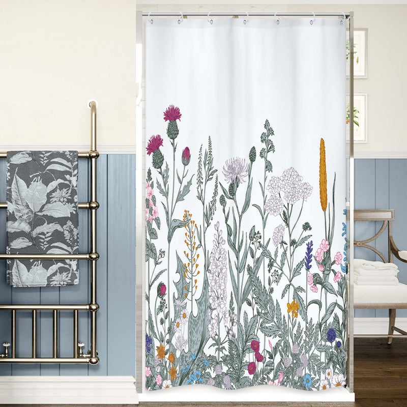 Riyidecor Shower Stall Curtain Walk in Wildflower 36Wx72H Inch Narrow Botanical Border Herbs Wildflower Plant Bouquet Watercolor Spring Fabric Waterproof Polyester with 7 Pack Plastic Hooks