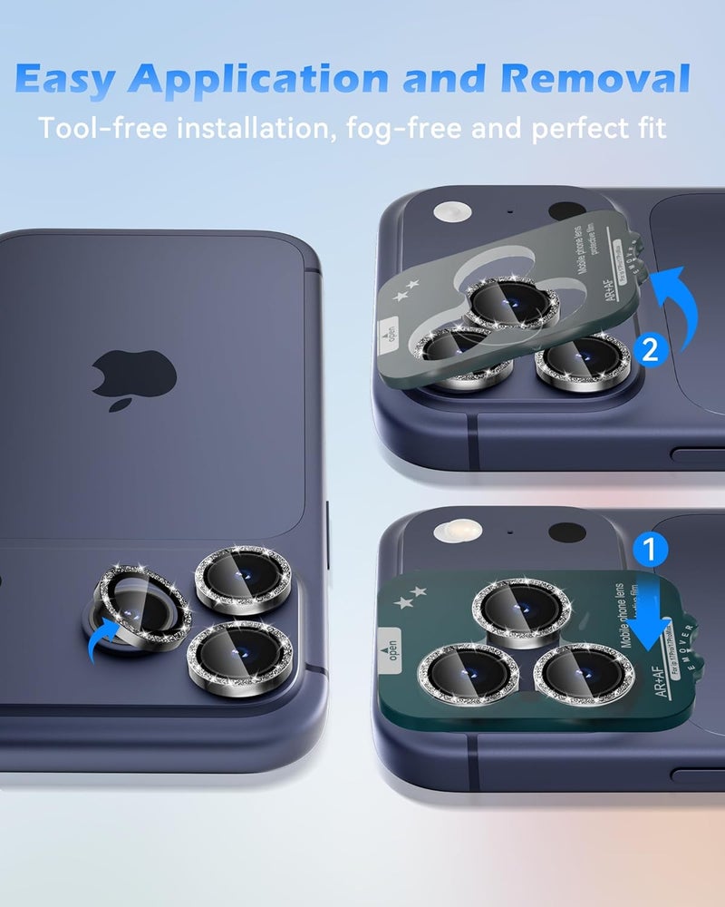 CloudValley Glitter Camera Lens Protector for iPhone 17 Pro/iPhone 17 Pro Max, Anti-Scratch HD Tempered Glass, Shatterproof Metal Ring Cover, Easy Installation, Glitter Black - Image 5