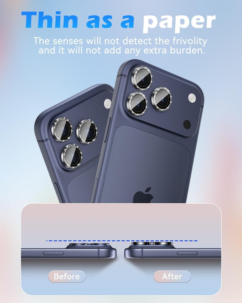 CloudValley Glitter Camera Lens Protector for iPhone 17 Pro/iPhone 17 Pro Max, Anti-Scratch HD Tempered Glass, Shatterproof Metal Ring Cover, Easy Installation, Glitter Black - Image 4