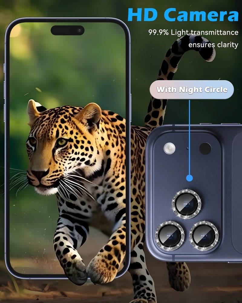 CloudValley Glitter Camera Lens Protector for iPhone 17 Pro/iPhone 17 Pro Max, Anti-Scratch HD Tempered Glass, Shatterproof Metal Ring Cover, Easy Installation, Glitter Black - Image 2