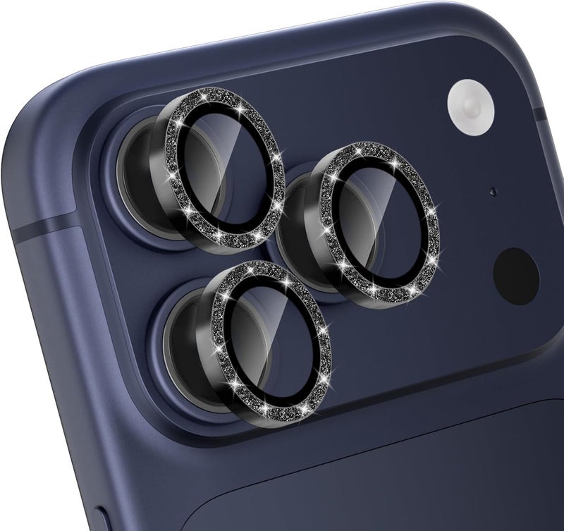 CloudValley Glitter Camera Lens Protector for iPhone 17 Pro/iPhone 17 Pro Max, Anti-Scratch HD Tempered Glass, Shatterproof Metal Ring Cover, Easy Installation, Glitter Black - Image 1