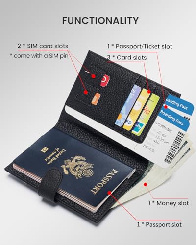 Karmiir RFID Slim Passport Holder for Man Women Compact Leather Passport Wallet with Card Holders SIM Slots Zippered Coins Pocket and Cash Holder Travel Passport Cover Case Black - Image 3