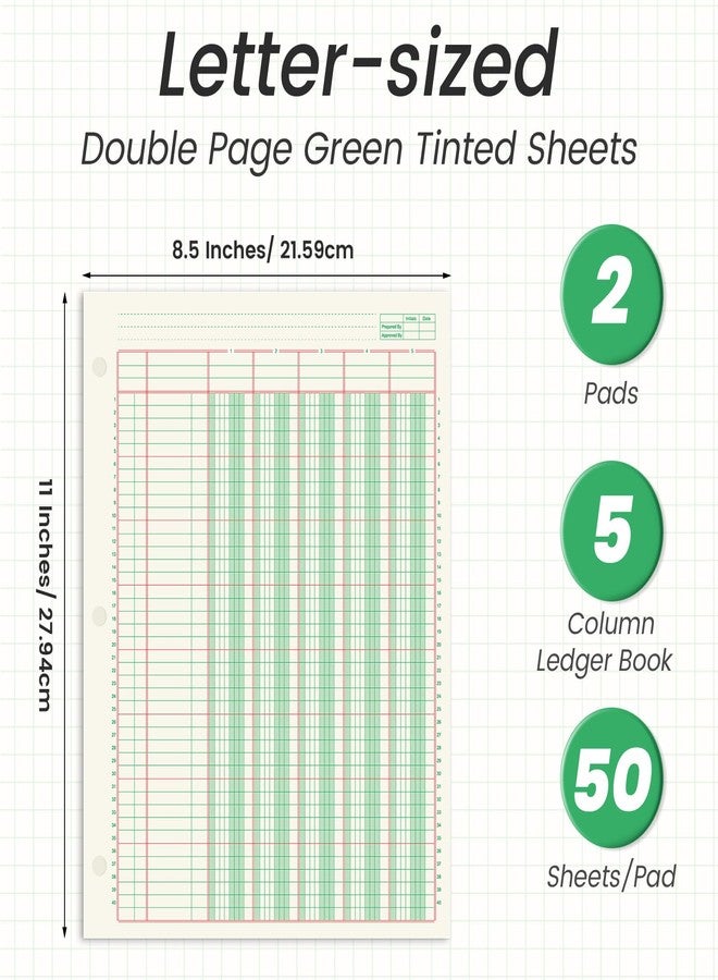 gisgfim 2 Pads 100 Sheets Columnar Analysis Pad 3 Hole Punch Accounting Ledger Book 8-1/2 x 11 Ledger Paper Pad Double Page Format Columnar Pads for Business Bookkeeping & Data(5 Column Ledger) - Image 2