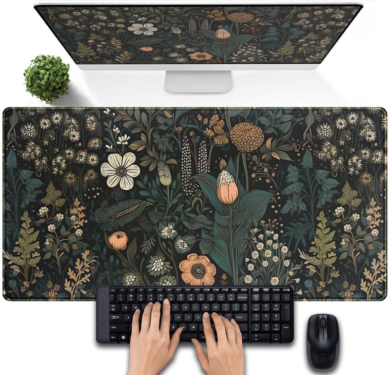 DSKGSJH Dark Flower Desk Mat Floral Plants Mouse Pad, Aesthetic Wildflowers Large Gaming Mousepad Desk Pad, XXL Keyboard Mouse Mat Full Desktop Mat Women Office Desk Accessories Cover Mat 31.5"x15.75" - Image 1