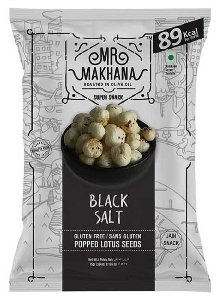 Mr Makhana Mr Makhana Black Salt Popped Lotus Seeds Gluten-Free MSG Free, Anti Oxidants, Calcuim Rich and Plant Based 75G  - Image 1