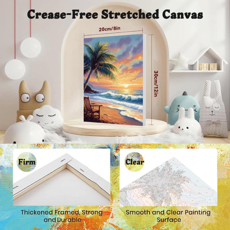 xackcme Beach Paint by Numbers for Adults with Framed Canvas - with Wooden Easel, Landscape Paint by Number on Canvas, DIY Sunset Acrylic Oil Painting Kits with Brushes for Home Wall Decor (8x12 inch) - Image 2
