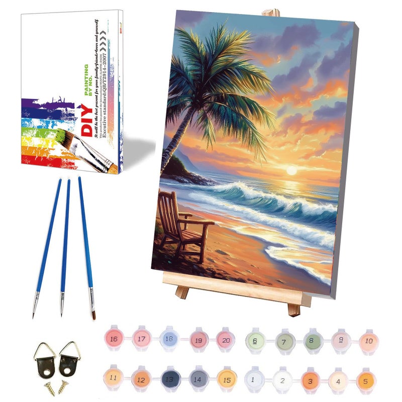 xackcme Beach Paint by Numbers for Adults with Framed Canvas - with Wooden Easel, Landscape Paint by Number on Canvas, DIY Sunset Acrylic Oil Painting Kits with Brushes for Home Wall Decor (8x12 inch) - Image 1