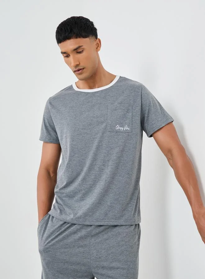 Styli Styli Contrast Neck T-Shirt with Slogan Print Pocket and Shorts Set