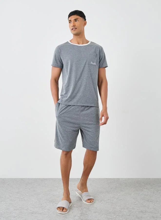 Styli Styli Contrast Neck T-Shirt with Slogan Print Pocket and Shorts Set
