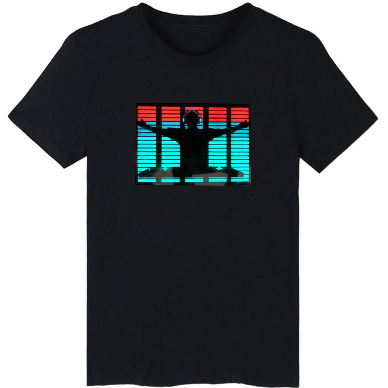 Tiktok same led voice-controlled luminous clothes luminous flash disco jumping couple round neck short sleeve cotton T-shirt men and women fashion DJ 
