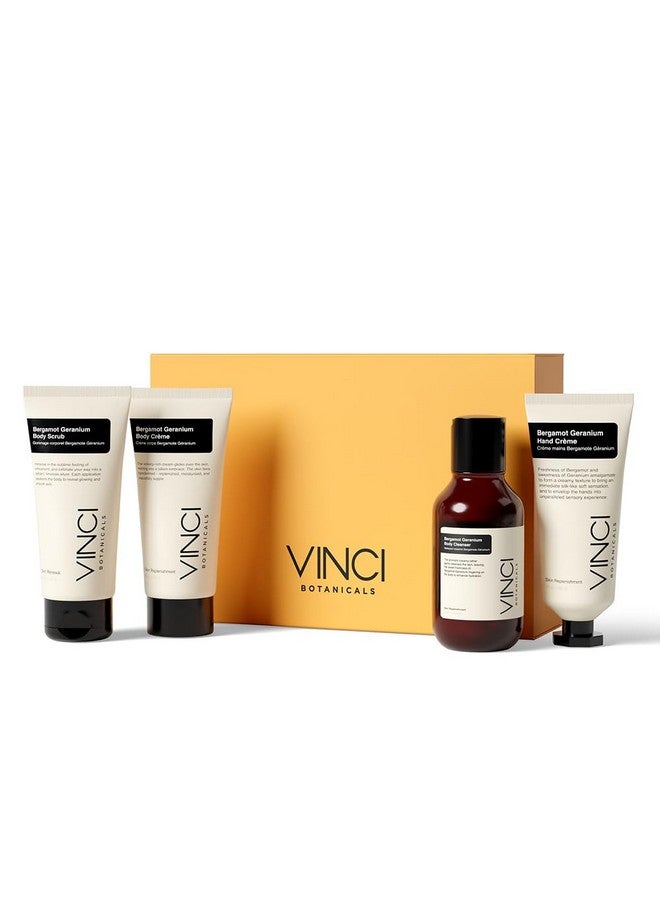 Vinci Botanicals مجموعة هدايا فينشي بوتانيكالز من البرغموت والجرانيوم | كريم يد، غسول جسم، كريم جسم، مقشر جسم | ينظف، يلمع ويرطب البشرة | رائحة حلوة منعشة | أحجام سفر | أساسيات يومية | عبوة من 4 - Image 1