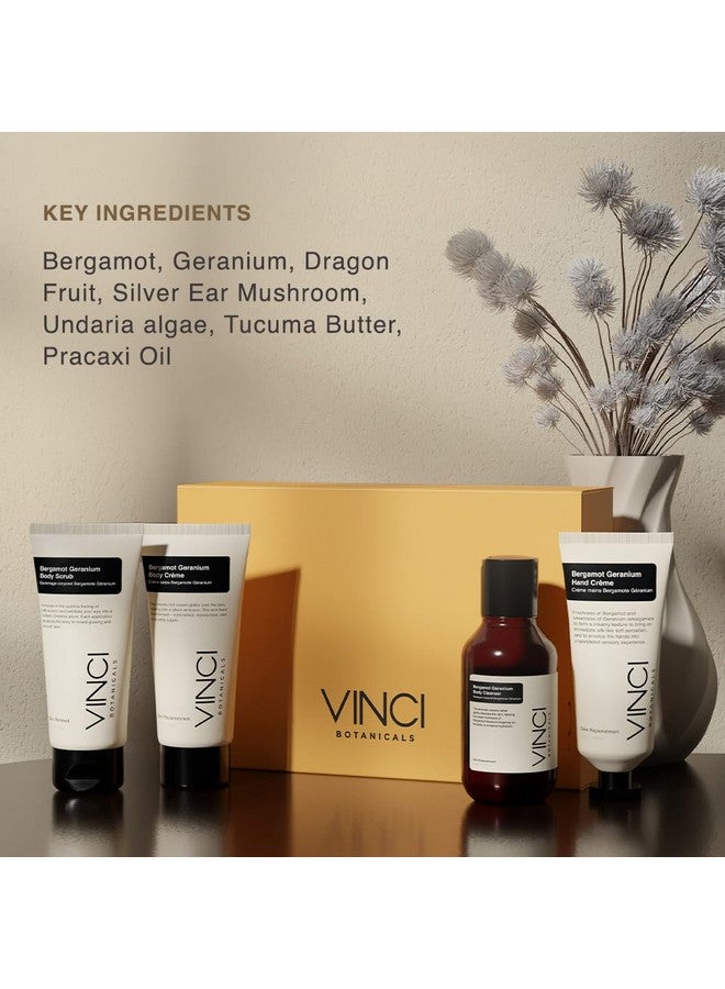 Vinci Botanicals مجموعة هدايا فينشي بوتانيكالز من البرغموت والجرانيوم | كريم يد، غسول جسم، كريم جسم، مقشر جسم | ينظف، يلمع ويرطب البشرة | رائحة حلوة منعشة | أحجام سفر | أساسيات يومية | عبوة من 4 - Image 2
