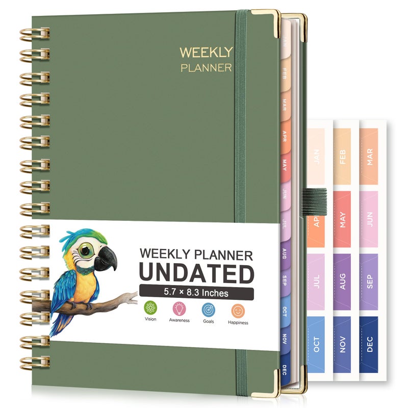 RETTACY Undated Planner, Weekly and Monthly, 53 Weeks and 12 Months, Medium Size (5.7" x 8.3"), 24 Self-adhesive Monthly Tabs, Hardcover, 100 GSM Thick Paper, Spiral-bound (Light Green) - Image 1