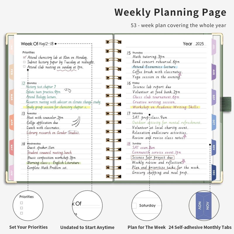 RETTACY Undated Planner, Weekly and Monthly, 53 Weeks and 12 Months, Medium Size (5.7" x 8.3"), 24 Self-adhesive Monthly Tabs, Hardcover, 100 GSM Thick Paper, Spiral-bound (Light Green) - Image 2