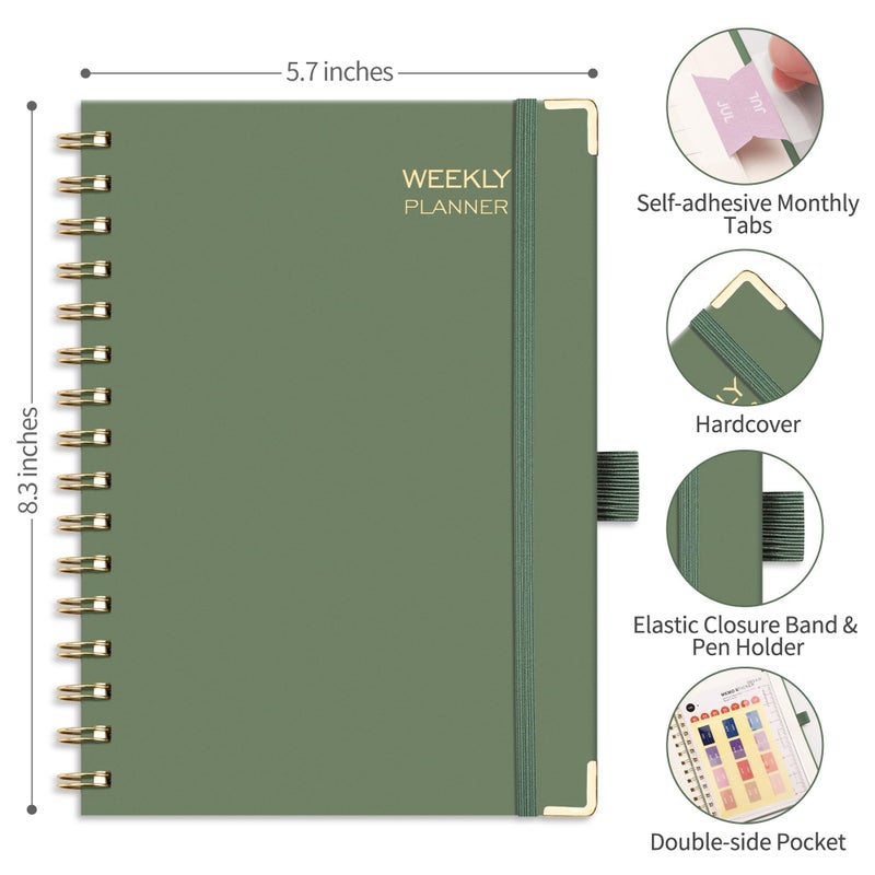 RETTACY Undated Planner, Weekly and Monthly, 53 Weeks and 12 Months, Medium Size (5.7" x 8.3"), 24 Self-adhesive Monthly Tabs, Hardcover, 100 GSM Thick Paper, Spiral-bound (Light Green) - Image 4