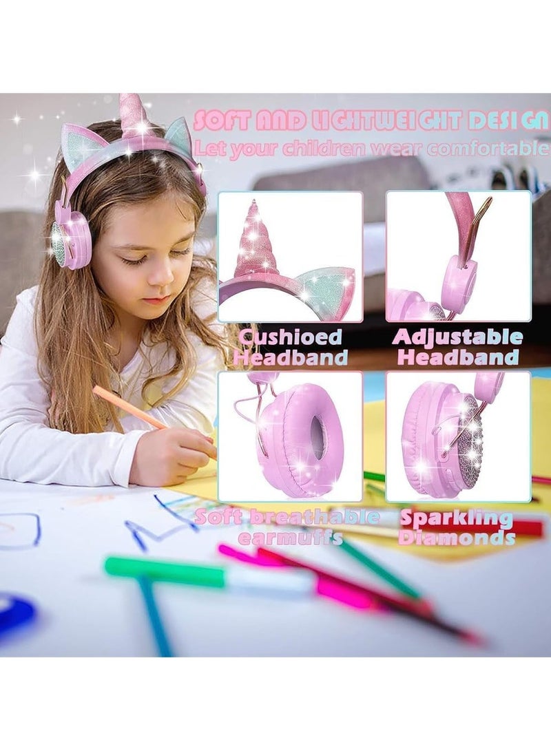 general Kids Unicorn Headphones with Microphone for School/Travel, Shareport, On-Ear/On-Ear  Headphones with Nylon Cable - Pink - Image 3