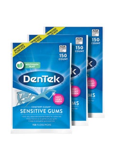 Dentek Comfort Clean Sensitive Gums Floss Picks Soft & Silky Ribbon 150 Count 3 Pack  - Image 1