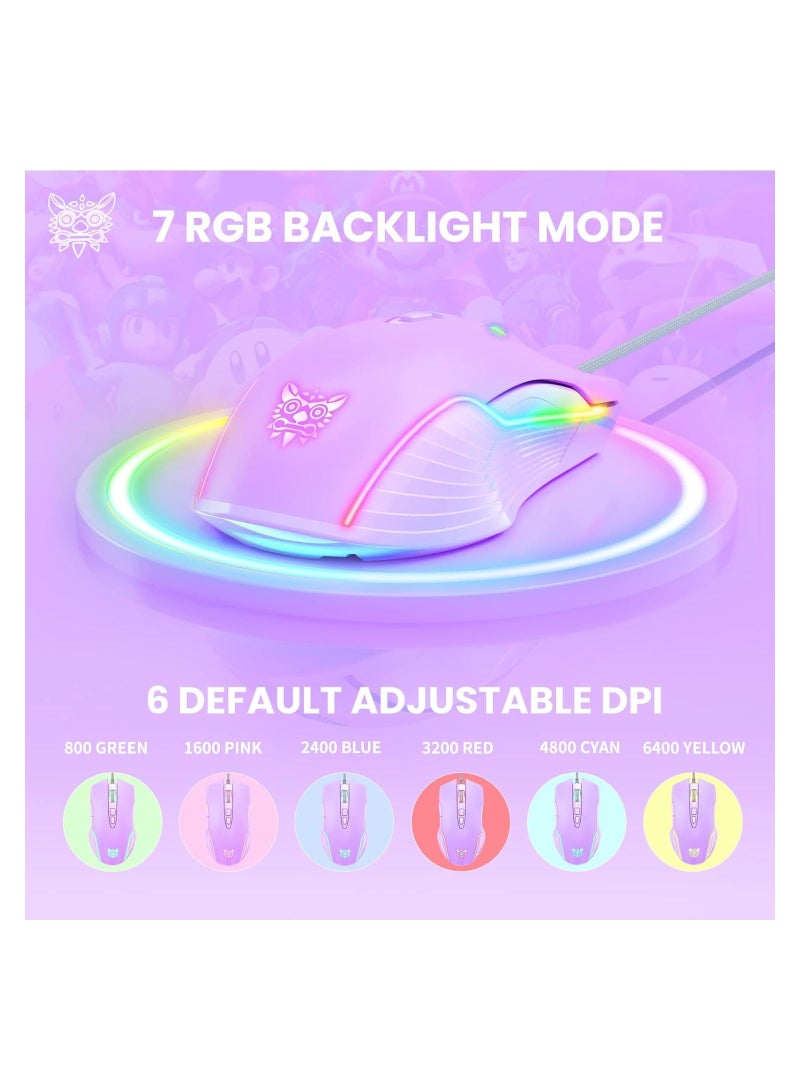 onikuma RGB 6400 DPI Wired Gaming Mouse Breathing LED Optical USB 7 Buttons Gamer Computer Pink Mice for Laptop PC Desktop - Image 3